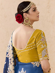 Blue and Mustard Fancy Fabric Embroidred Designer Saree