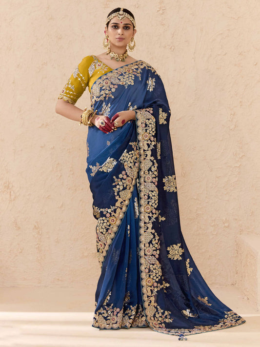 Blue and Mustard Fancy Fabric Embroidred Designer Saree