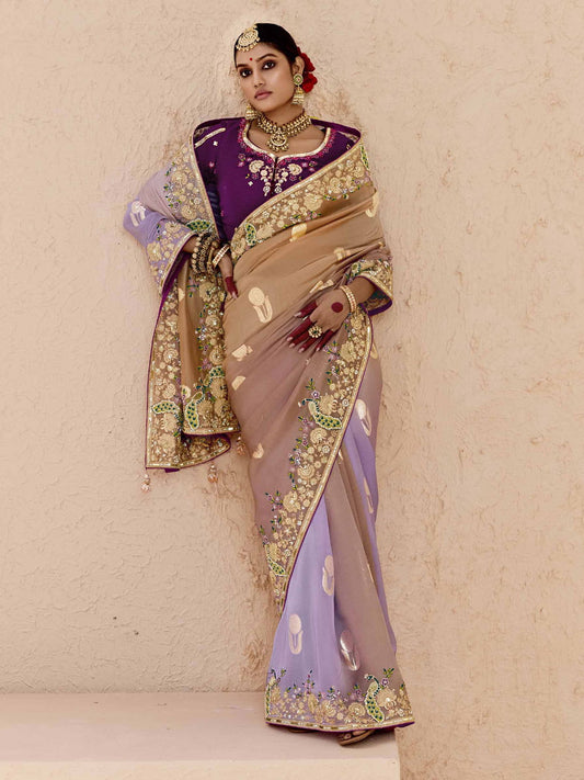 Lavender and Purple Fancy Fabric Embroidred Designer Saree