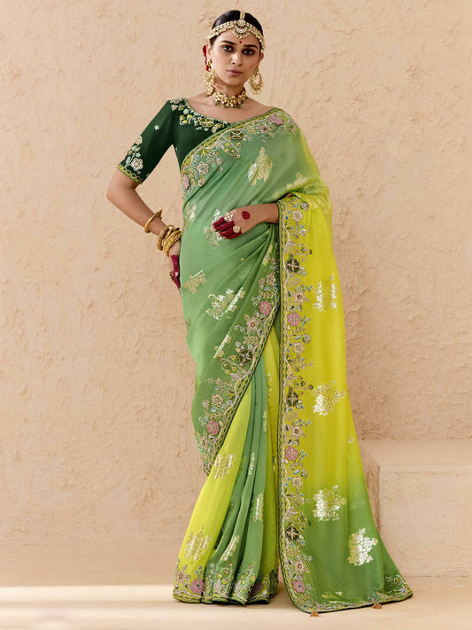 Multi Green Fancy Fabric Embroidred Designer Saree
