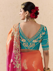 Pink and Blue Fancy Fabric Embroidred Designer Saree