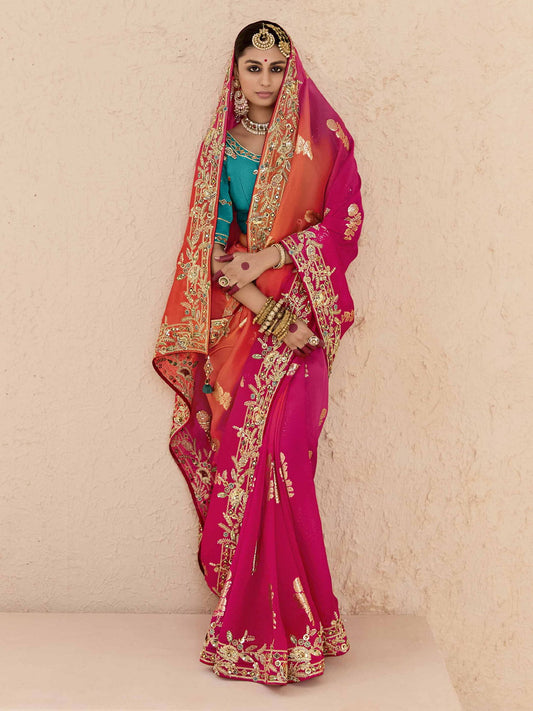 Pink and Blue Fancy Fabric Embroidred Designer Saree