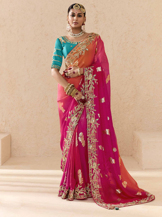 Pink and Blue Fancy Fabric Embroidred Designer Saree