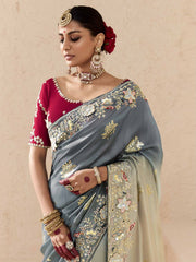 Grey and Red Fancy Fabric Embroidred Designer Saree