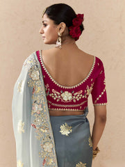 Grey and Red Fancy Fabric Embroidred Designer Saree