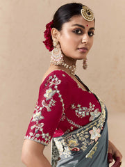 Grey and Red Fancy Fabric Embroidred Designer Saree