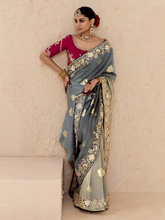 Grey and Red Fancy Fabric Embroidred Designer Saree