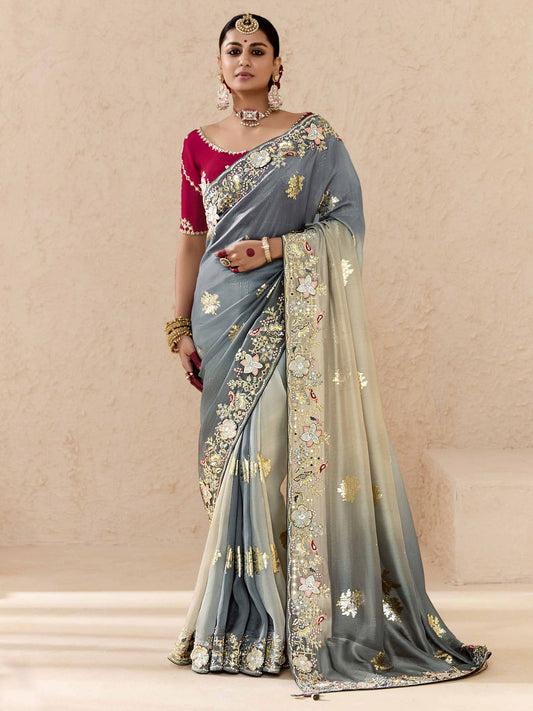 Grey and Red Fancy Fabric Embroidred Designer Saree