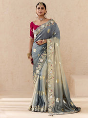 Grey and Red Fancy Fabric Embroidred Designer Saree