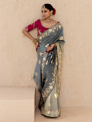 Grey and Red Fancy Fabric Embroidred Designer Saree
