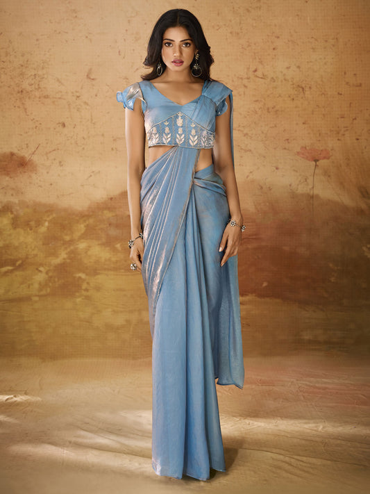 Demanding Blue Hand Work Organza Ready To Wear Saree With Blouse