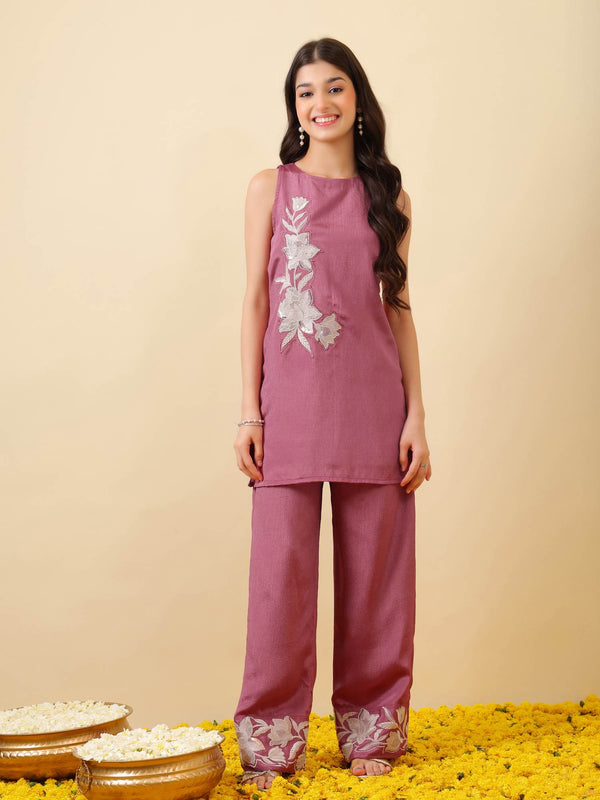 Girls Floral Embroidered Regular Thread Work Kurta with Trousers