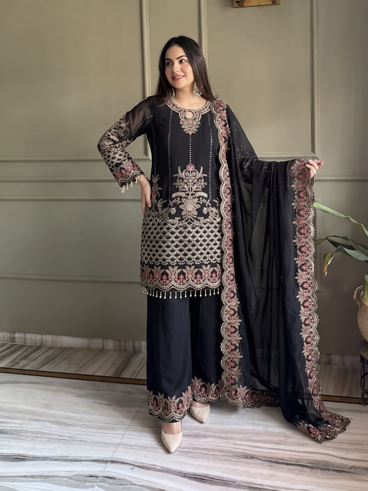 Black Georgette Embroiderd Palazzo Suit