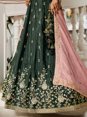 Olive colour Chiffon Sequinse embroidery Semi-Stitched Lehenga choli and Dupatta