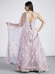 Mauve Net Sequins and thread embroidery Semi Stitched Lehenga choli and Dupatta