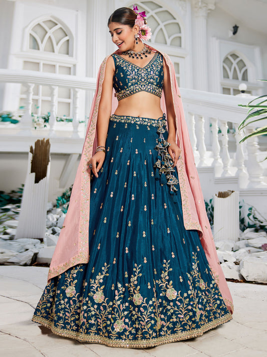 Navy blue colour Chiffon Sequinse embroidery Semi-Stitched Lehenga choli and Dupatta