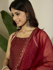 Woven Design Straight Kurta With Trousers & Dupatta