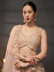 Peach Net Multi Sequins with heavy Zarkan embroidery Semi-Stitched Lehenga choli & Dupatta