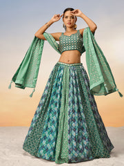 Lime Green Pure Chiffon position print with Sequins embroidery Semi-Stitched Lehenga choli & Dupatta