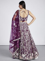 Burgundy Net Sequins and thread embroidery Semi Stitched Lehenga choli and Dupatta