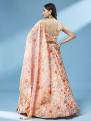 Orange Organza Floral Printed Semi-Stitched Lehenga choli & Dupatta