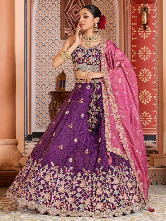 Purple  Tissue Fabric Sequins embroidery Semi Stitched Lehenga & Unstitched Blouse With Dupatta