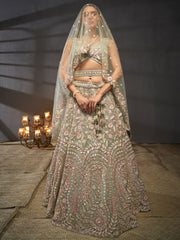 Sea green Net Multi Sequins with heavy Zarkan embroidery Semi-Stitched Lehenga choli and Dupatta