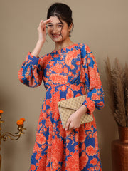 Girl Floral Paisley Printed Pleated Ethnic Dress