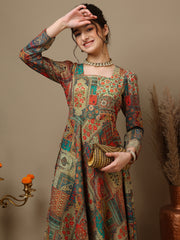 Girls Ethnic Motifs Printed Square Neck Ethnic Dress
