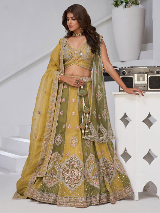 Mustard & Green Double Dupatta Lehenga with Intricate Zari and Resham Work