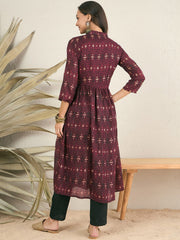 Maroon Ethnic Woven Design Pleated Pure Cotton A-Line Kurta With Trousers