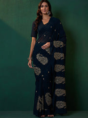 Navy Blue Paisley Embroidered Sequined Zari Saree