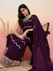 Maroon Ethnic Motifs Embroidered Thread Work Georgette Kurta With Palazzo & Dupatta