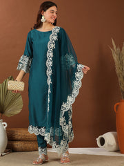Teal Thread Work Round Neck Flared Sleeves Kurta with Trousers & With Dupatta