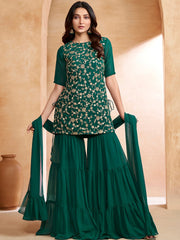 Green Floral Embroidered Kurta With Sharara & Dupatta