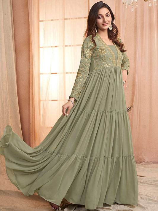 Green Sequins and Embroidered Tiered Maxi Dress