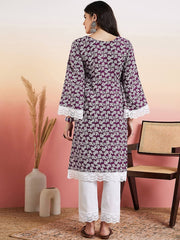 Purple Floral Printed Thread Work Straight Kurta