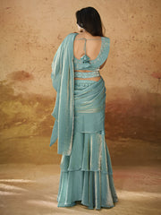 Pretty Turquoise Ruffles Work Organza Ready To Wear Saree With Blouse