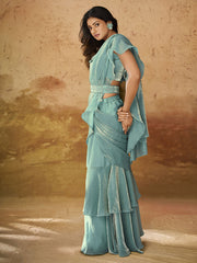 Pretty Turquoise Ruffles Work Organza Ready To Wear Saree With Blouse