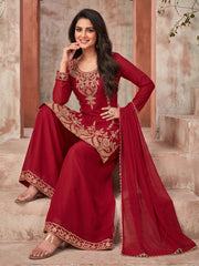 Red Embroidery Work Festive Wear Palazzo Dress