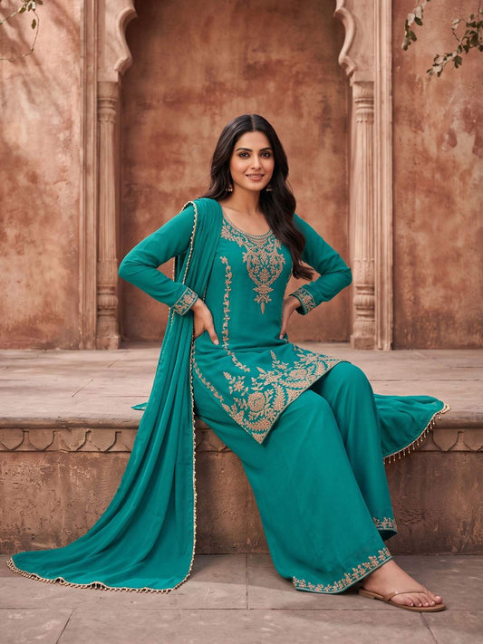 Turquoise Embroidery Work Festive Wear Palazzo Dress