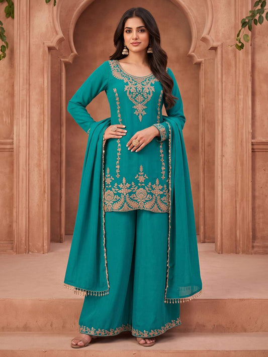 Turquoise Embroidery Work Festive Wear Palazzo Dress