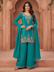 Turquoise Embroidery Work Festive Wear Palazzo Dress
