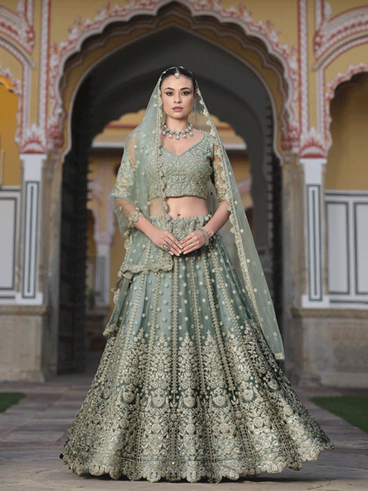 Designer Green Net Embroidered Wedding Lehenga Choli