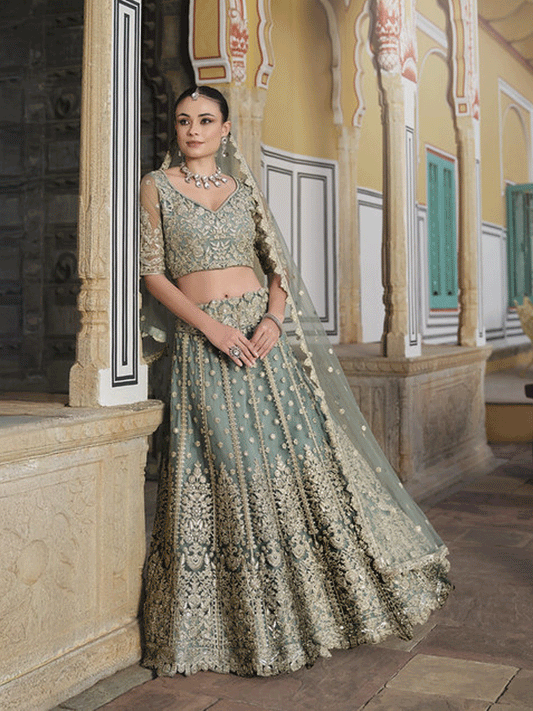 Designer Green Net Embroidered Wedding Lehenga Choli