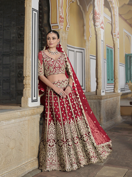 Designer Red Net Embroidered Wedding Lehenga Choli
