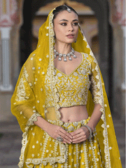 Designer Yellow Net Embroidered Wedding Lehenga Choli