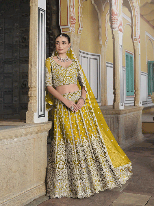 Designer Yellow Net Embroidered Wedding Lehenga Choli