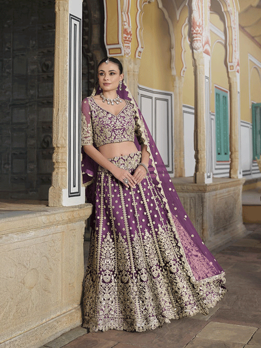 Designer Purple Net Embroidered Wedding Lehenga Choli