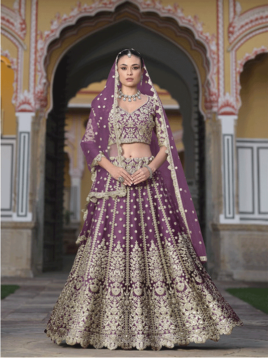 Designer Purple Net Embroidered Wedding Lehenga Choli